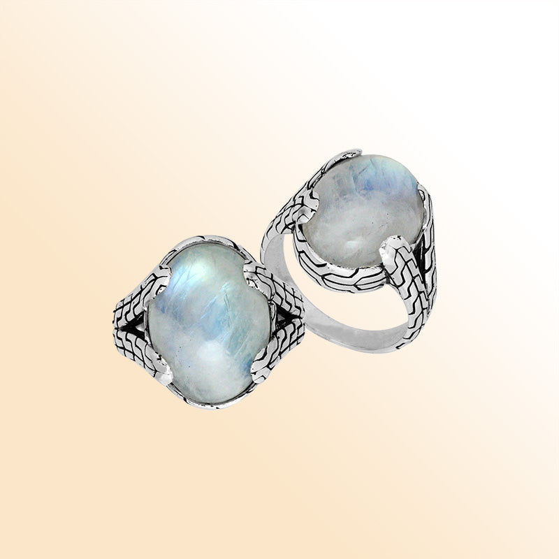 Sterling Silver oval Rainbow Moonstone cabochon ring with Balinese engraved silver band, handcrafted in Bali