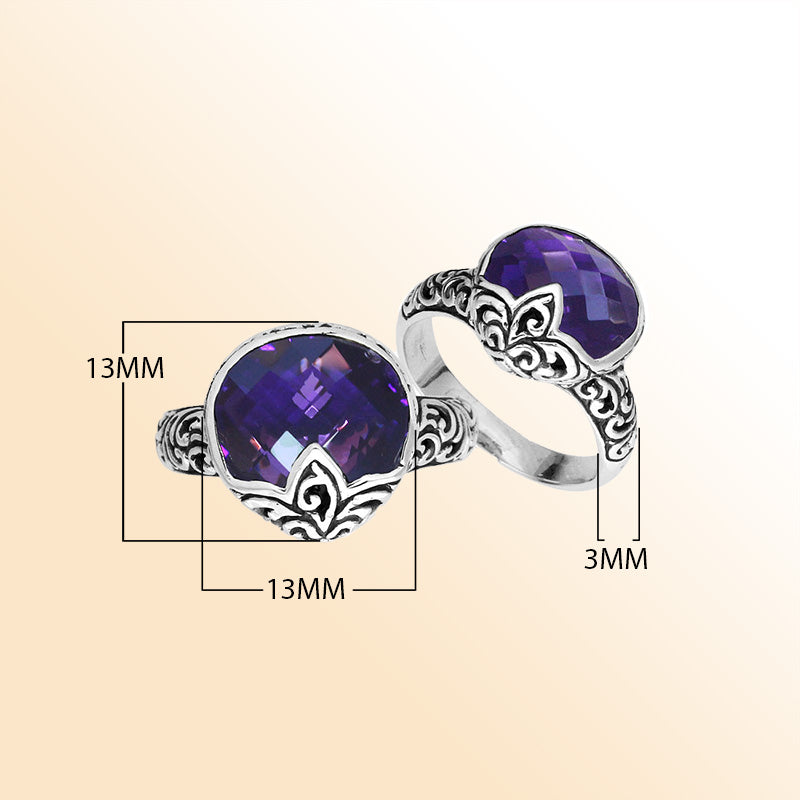 Sterling Silver Amethyst Quartz faceted women’s ring with polished handcrafted silver band