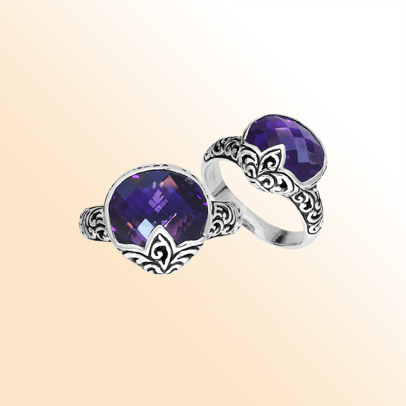 Sterling Silver Amethyst Quartz faceted women’s ring with polished handcrafted silver band