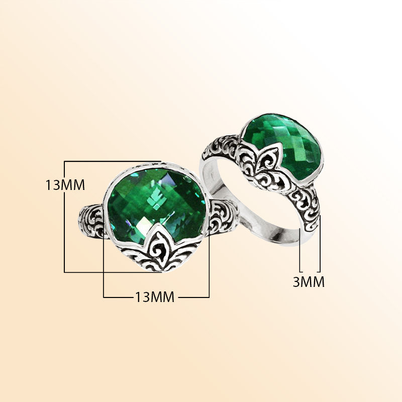 Sterling Silver pear shape Green Quartz faceted ring with Balinese swirl detailing, handcrafted in Bali