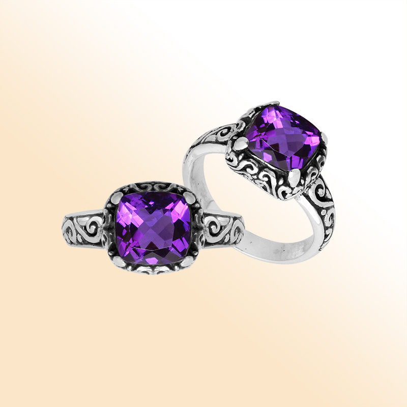 Sterling Silver cushion-cut Amethyst Quartz faceted women’s ring with Balinese scroll detailing