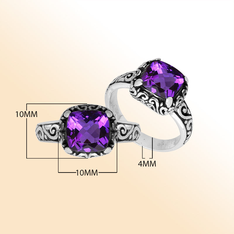 Sterling Silver cushion-cut Amethyst Quartz faceted women’s ring with Balinese scroll detailing