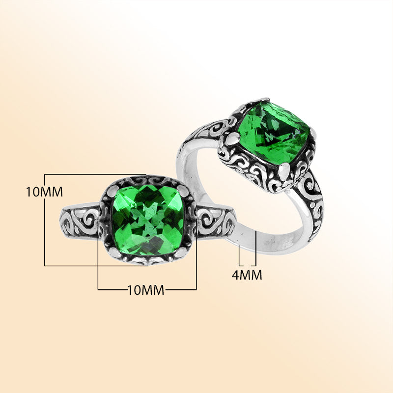 Sterling Silver cushion-cut Green Quartz faceted women’s ring with Balinese scroll detailing