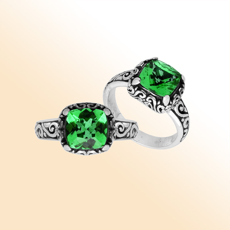 Sterling Silver cushion-cut Green Quartz faceted women’s ring with Balinese scroll detailing