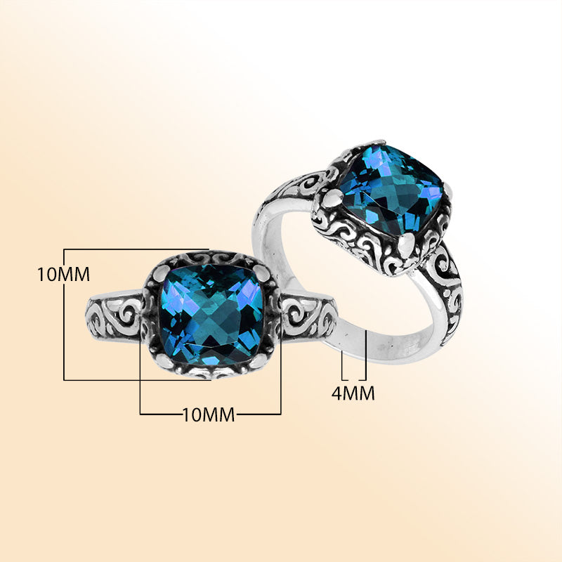 Sterling Silver cushion-cut London Blue Topaz Quartz faceted women’s ring with Balinese scroll detailing