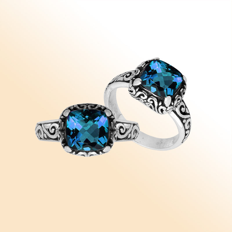 Sterling Silver cushion-cut London Blue Topaz Quartz faceted women’s ring with Balinese scroll detailing