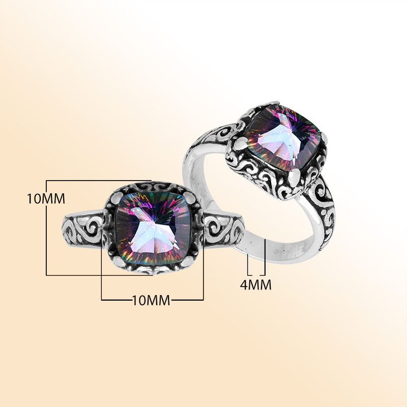 Sterling Silver Mystic Quartz cushion-cut faceted women’s ring with Balinese scroll detailing