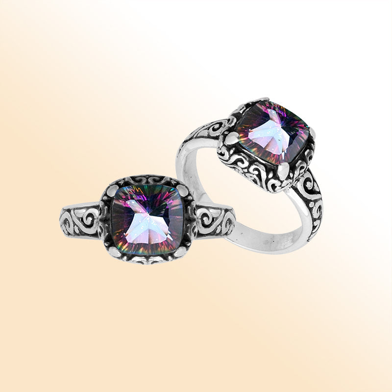 Sterling Silver Mystic Quartz cushion-cut faceted women’s ring with Balinese scroll detailing