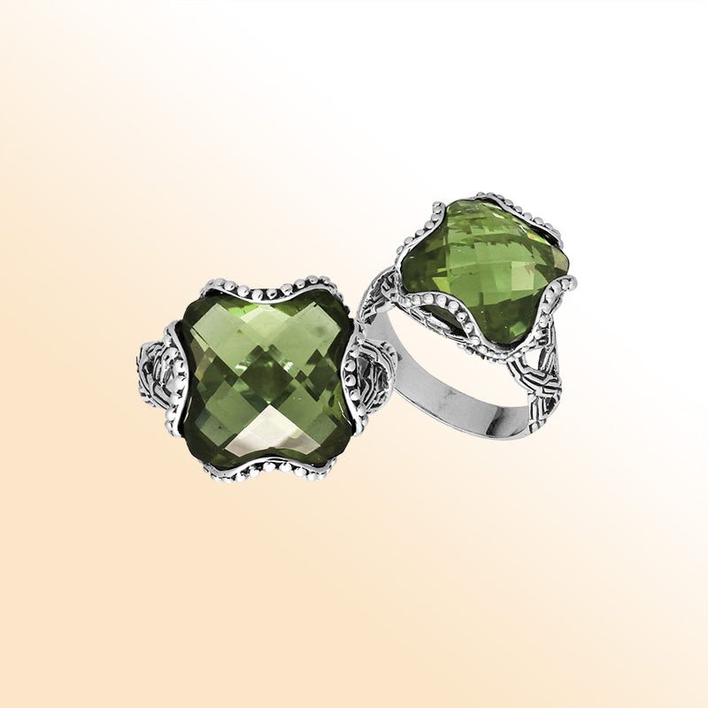 Sterling silver Green Amethyst Quartz cushion shape women’s ring with bead and floral accents