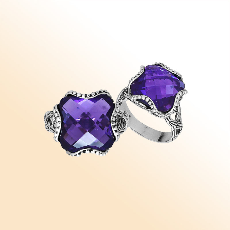 Sterling Silver fancy cross-shaped Amethyst Quartz faceted women’s ring with bead edge and floral accents