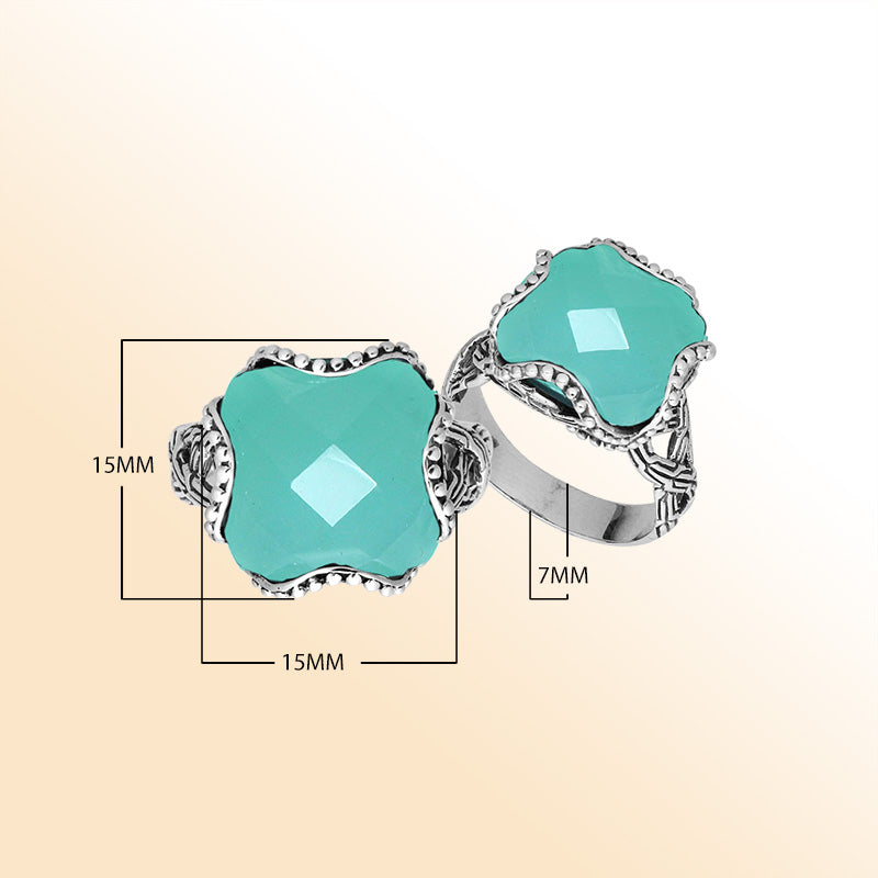 Sterling Silver Green Chalcedony Quartz fancy cross-cut faceted women’s ring with bead edge and floral accents