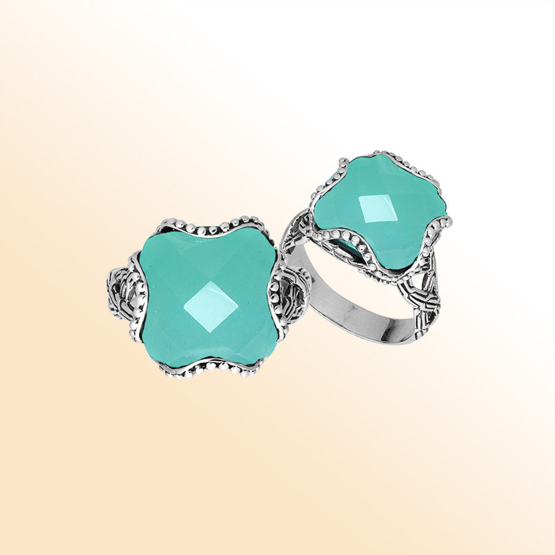 Sterling Silver Green Chalcedony Quartz fancy cross-cut faceted women’s ring with bead edge and floral accents