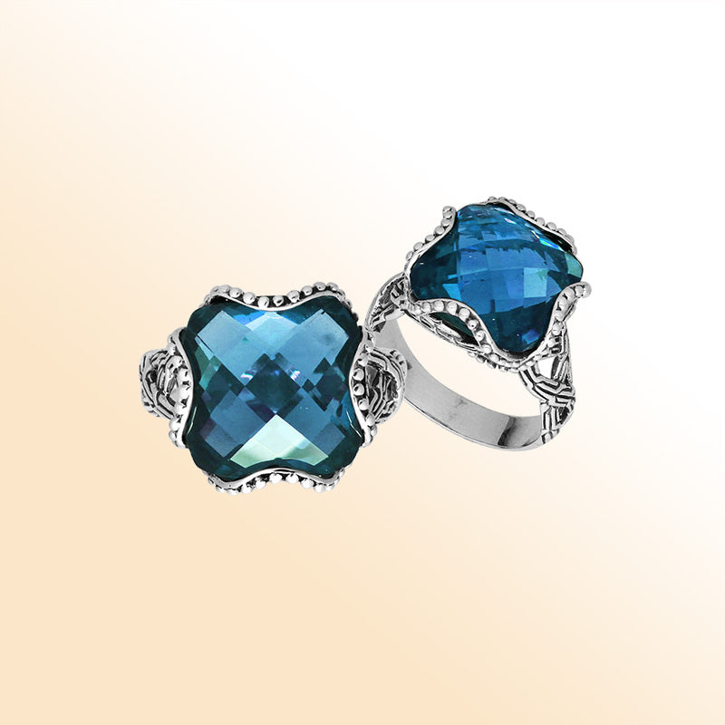 London Blue Topaz Quartz Sterling Silver ring with cushion-cut stone and Balinese artisan design