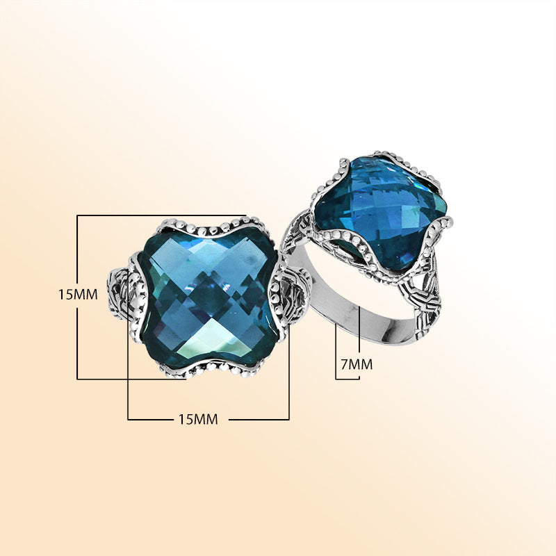 London Blue Topaz Quartz Sterling Silver ring with cushion-cut stone and Balinese artisan design