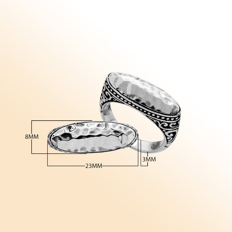 Handcrafted Sterling Silver hammered oval ring with Balinese scrollwork design