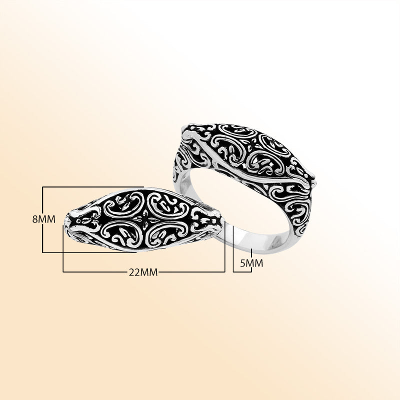 Handcrafted Sterling Silver oval ring with oxidized Balinese scroll detailing
