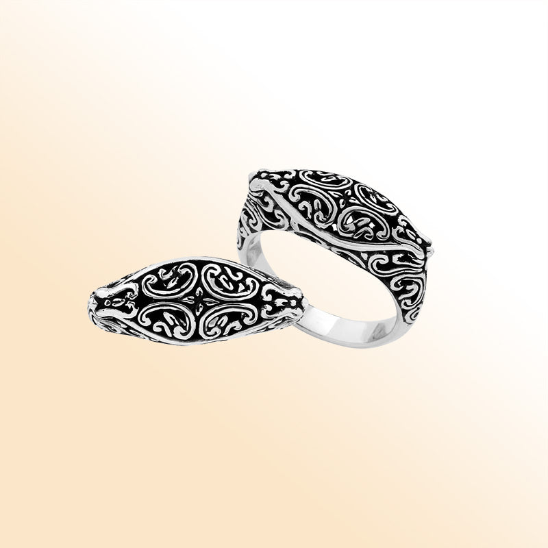 Handcrafted Sterling Silver oval ring with oxidized Balinese scroll detailing