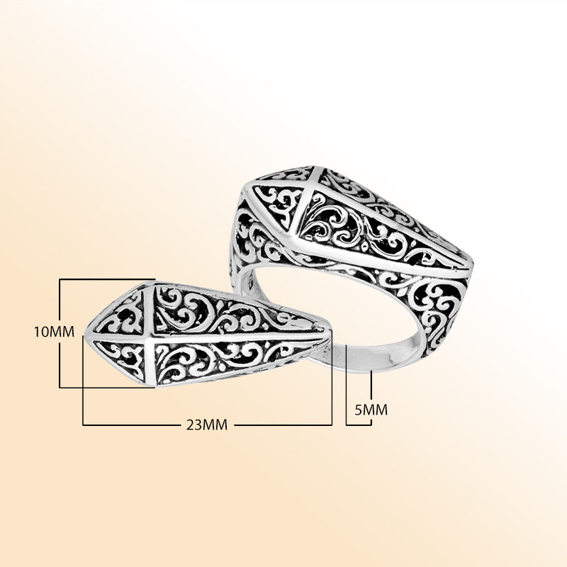 Handcrafted Sterling Silver shield ring with Balinese oxidized filigree design