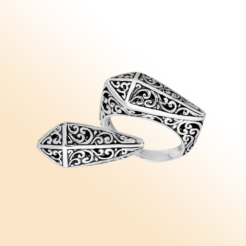 Handcrafted Sterling Silver shield ring with Balinese oxidized filigree design