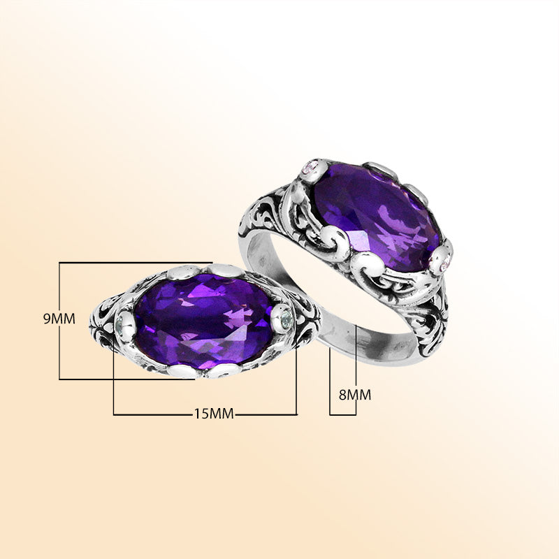 Handcrafted Sterling Silver oval shape Amethyst Quartz ring with Balinese scroll detailing