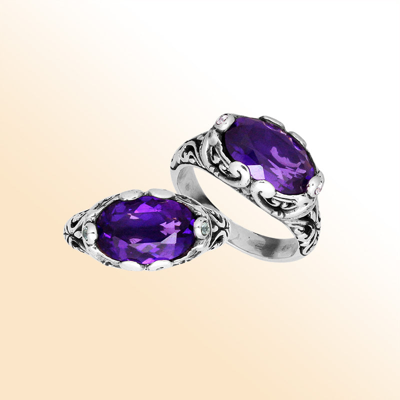 Handcrafted Sterling Silver oval shape Amethyst Quartz ring with Balinese scroll detailing