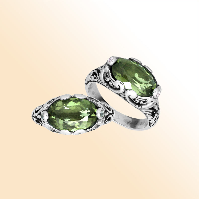 Handcrafted Sterling Silver ring with Green Amethyst Quartz and Bali scroll detailing