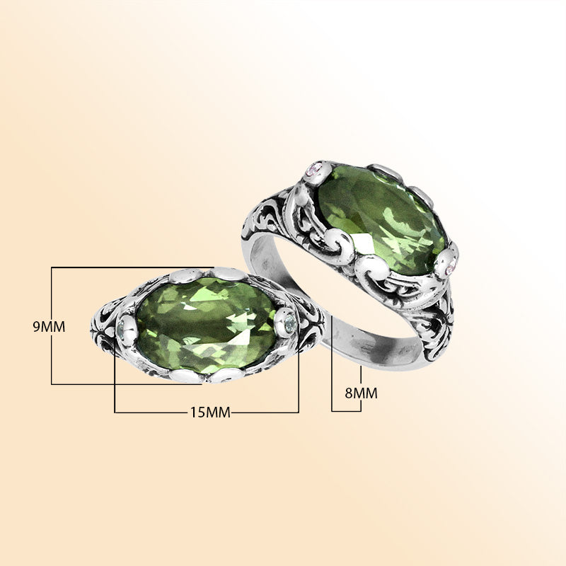 Handcrafted Sterling Silver ring with Green Amethyst Quartz and Bali scroll detailing