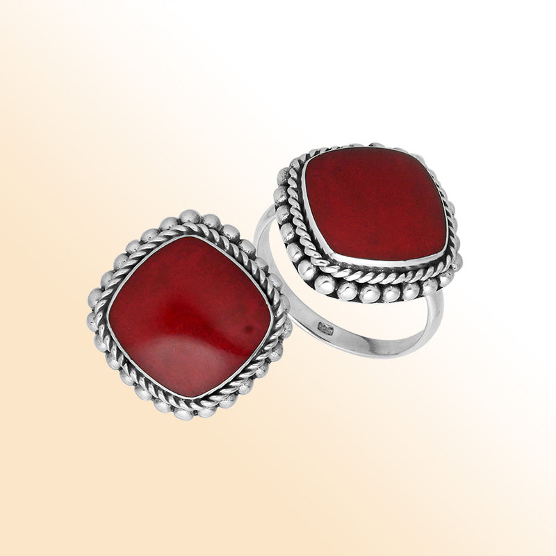 Handcrafted Sterling Silver ring with Red Coral and Balinese beaded rope design