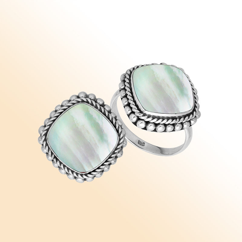 Handcrafted Sterling Silver ring with Mother of Pearl and Balinese rope beaded detailing