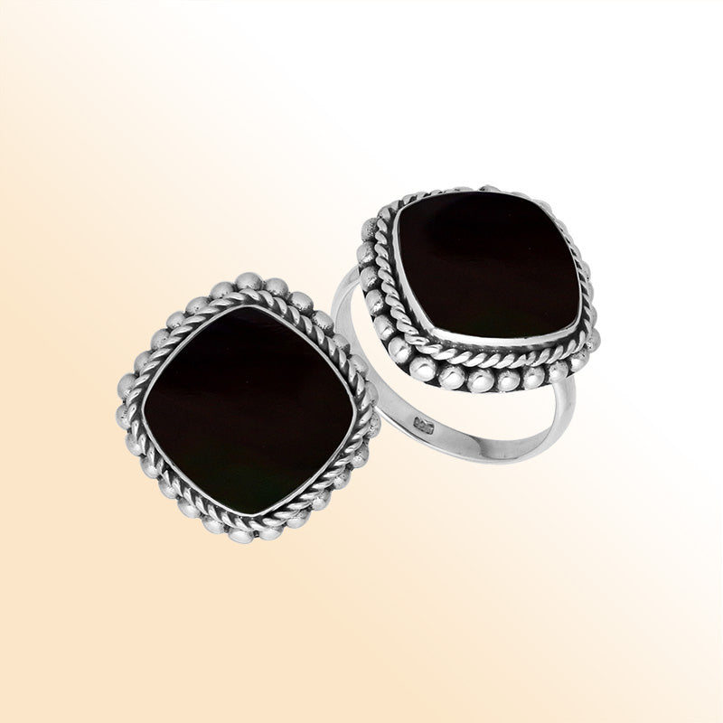 Handcrafted Sterling Silver ring with Black Shell and Balinese beaded rope detailing