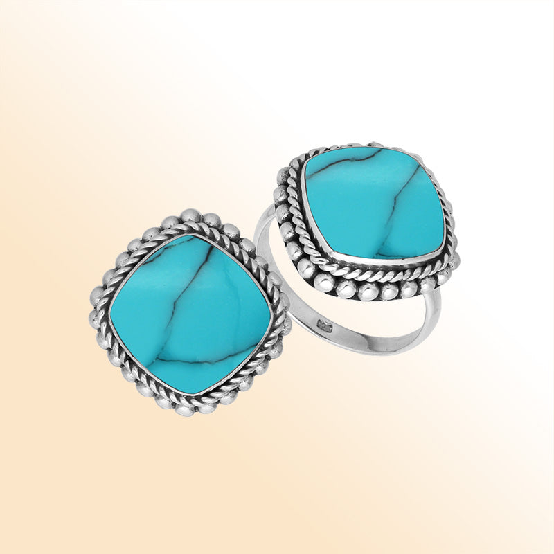 Handcrafted Sterling Silver Turquoise Quartz cushion ring with Balinese rope and beaded design