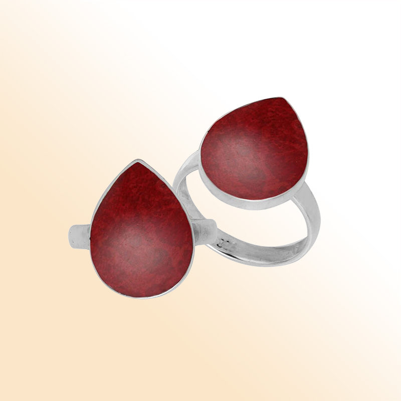 Handcrafted Sterling Silver pear shape ring with Red Coral and Balinese polished design