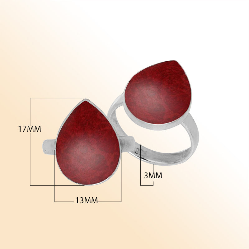 Handcrafted Sterling Silver pear shape ring with Red Coral and Balinese polished design