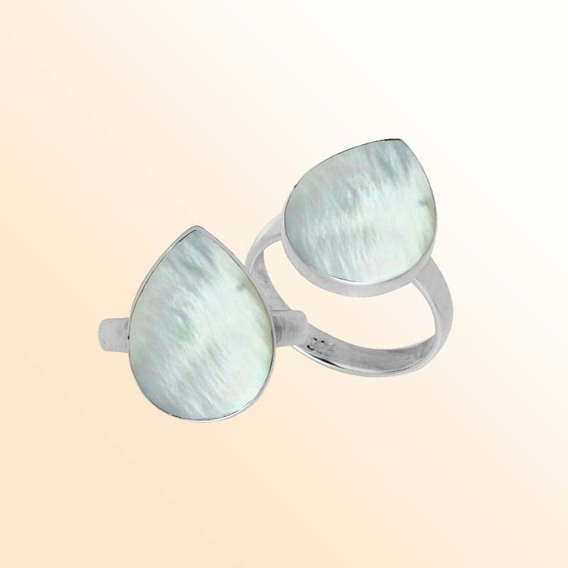 Handcrafted Sterling Silver pear shape ring with Mother of Pearl and polished Balinese detailing
