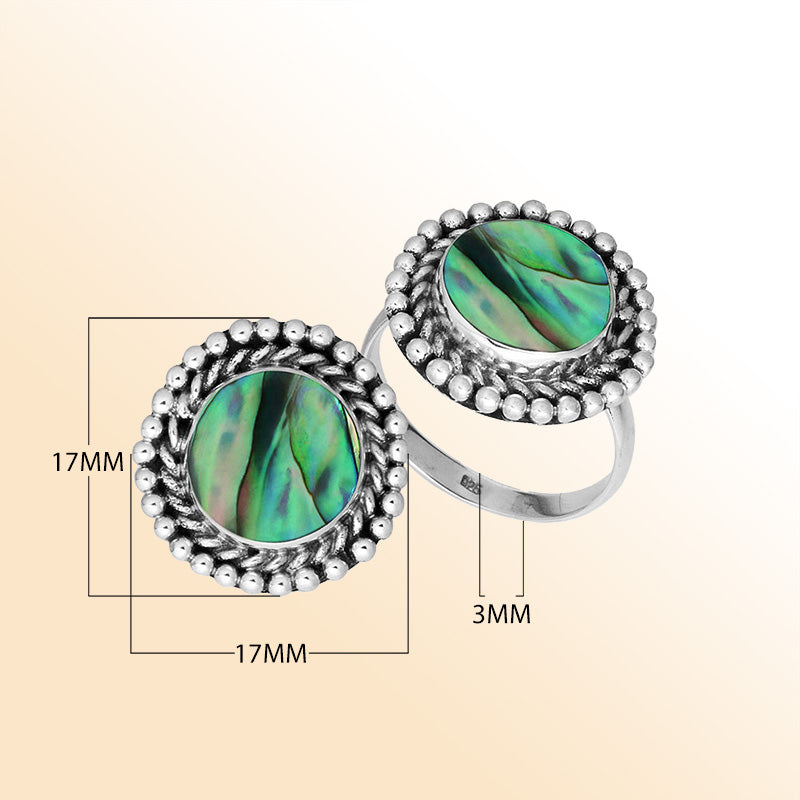 Handcrafted Sterling Silver round shape ring with Abalone Shell and Balinese beaded rope detailing
