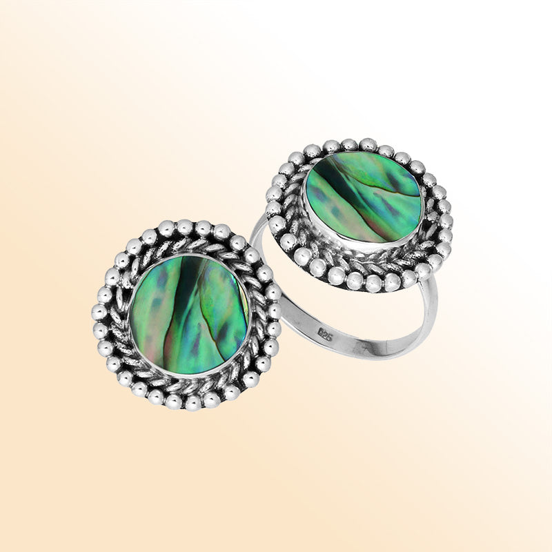 Handcrafted Sterling Silver round shape ring with Abalone Shell and Balinese beaded rope detailing