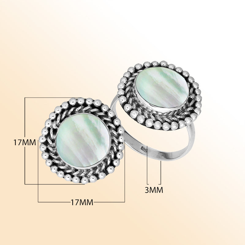Handcrafted Sterling Silver round shape ring with Mother of Pearl Shell and Balinese rope beaded design