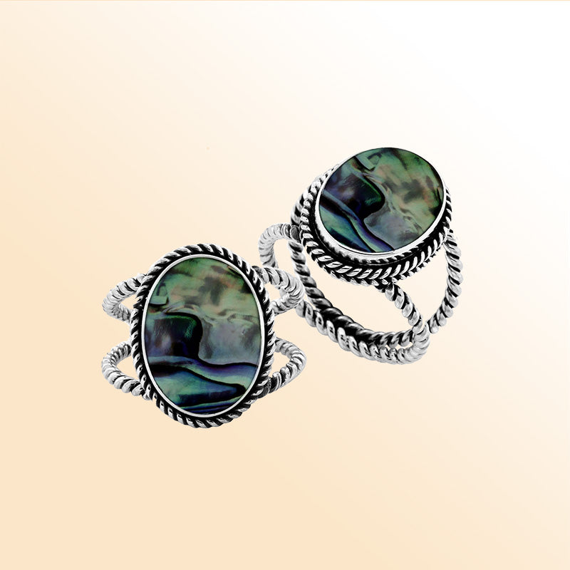 Handcrafted Sterling Silver oval shape ring with Abalone Shell and Balinese rope detailing
