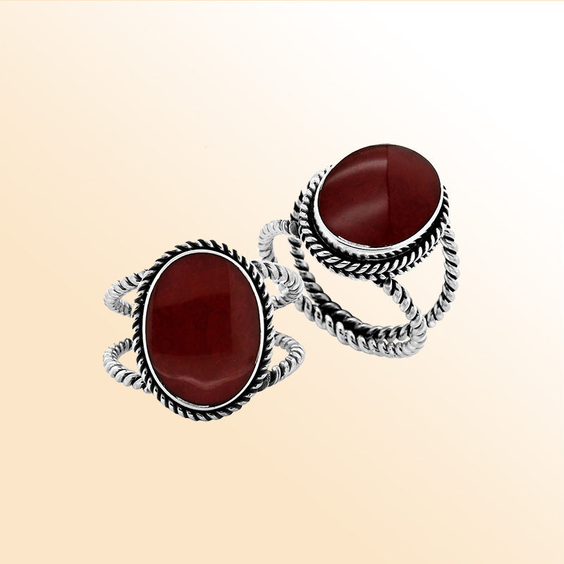 Handcrafted Sterling Silver oval shape ring with Red Coral and Bali rope detailing