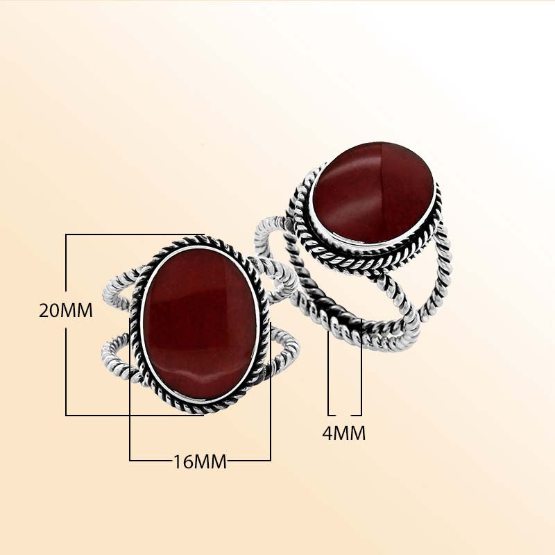 Handcrafted Sterling Silver oval shape ring with Red Coral and Bali rope detailing