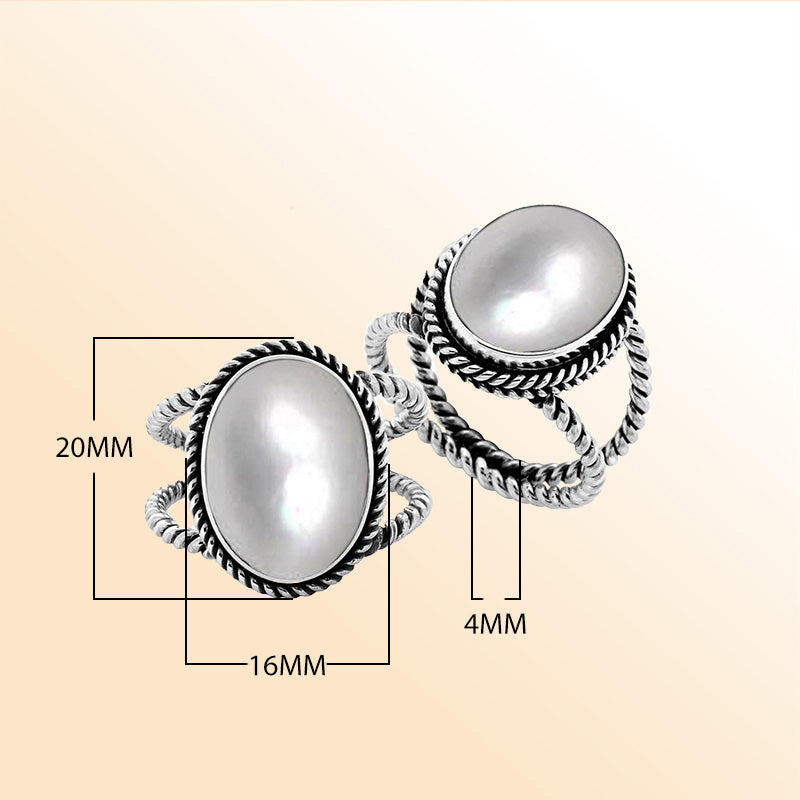 Handcrafted Sterling Silver oval shape ring with White Mother of Pearl and twisted Bali rope design