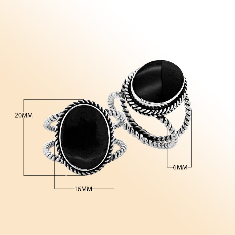 Handcrafted Sterling Silver oval shape ring with Black Shell and twisted Bali rope design