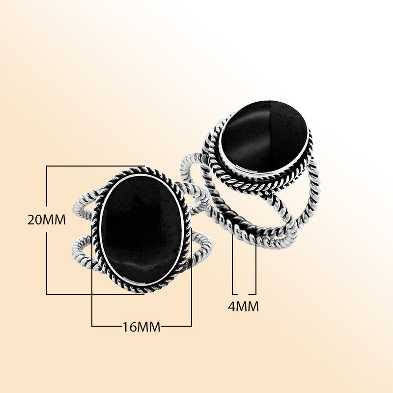 Handcrafted Sterling Silver oval shape ring with Black Shell and twisted Bali rope design