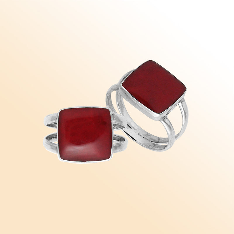 Sterling Silver Handcrafted Red Coral Square Shape Statement Ring