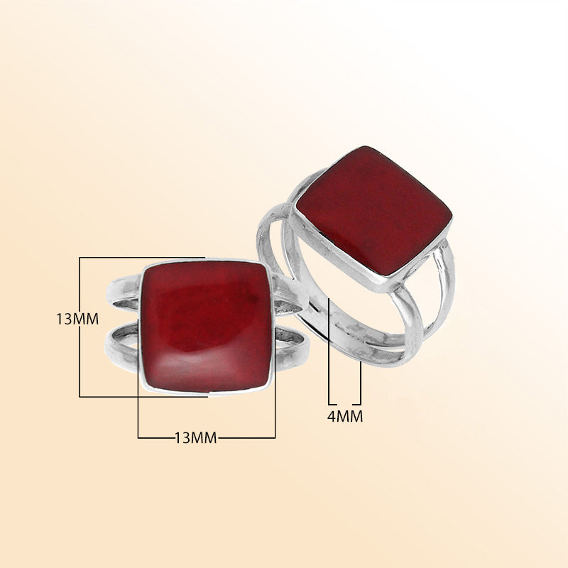 Sterling Silver Handcrafted Red Coral Square Shape Statement Ring
