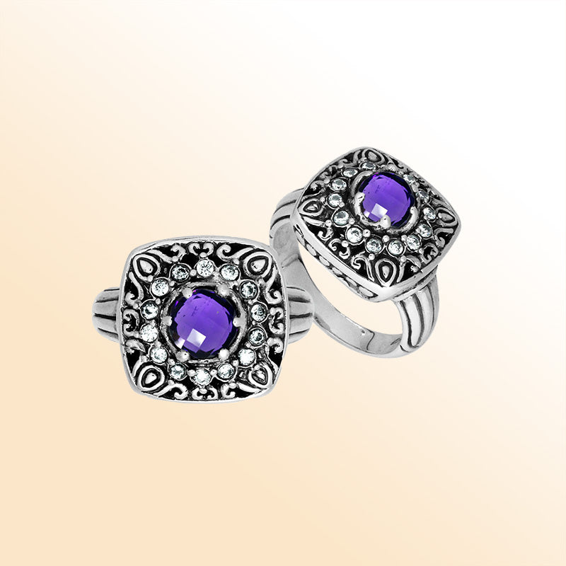 Sterling Silver Handcrafted Amethyst Quartz Square Shape Statement Ring