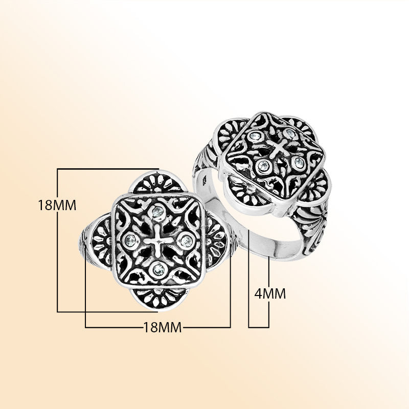 Sterling Silver Handcrafted Cubic Zircon Ornate Square Shape Statement Ring