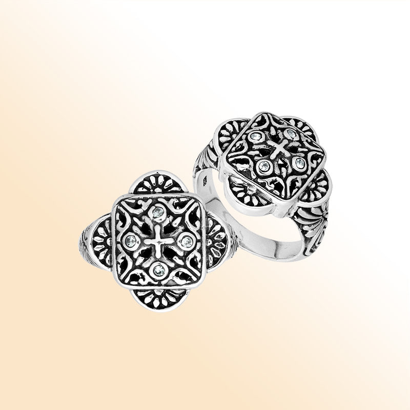 Sterling Silver Handcrafted Cubic Zircon Ornate Square Shape Statement Ring