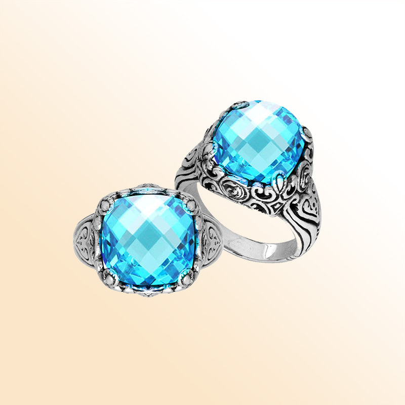 Sterling Silver Handcrafted Blue Topaz Quartz Ornate Statement Ring