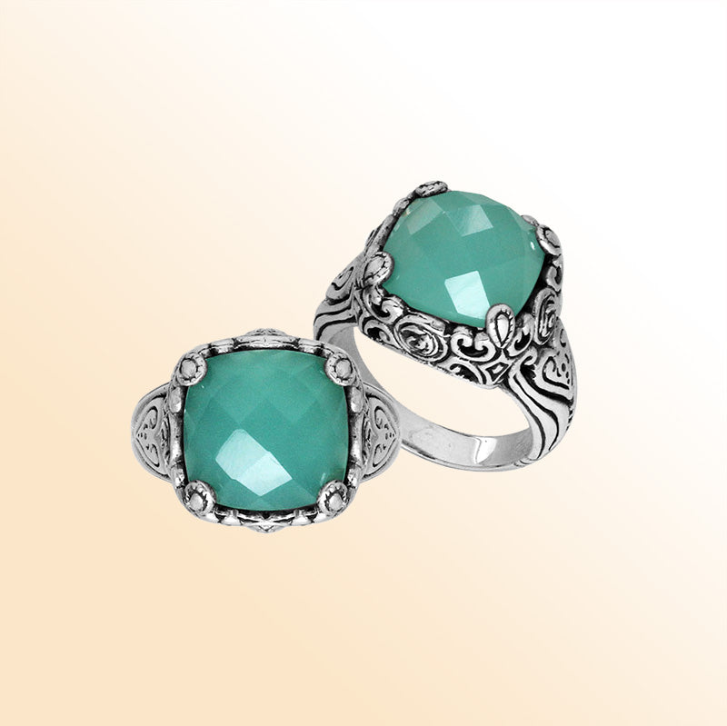 Sterling Silver Handcrafted Green Chalcedony Quartz Ornate Statement Ring